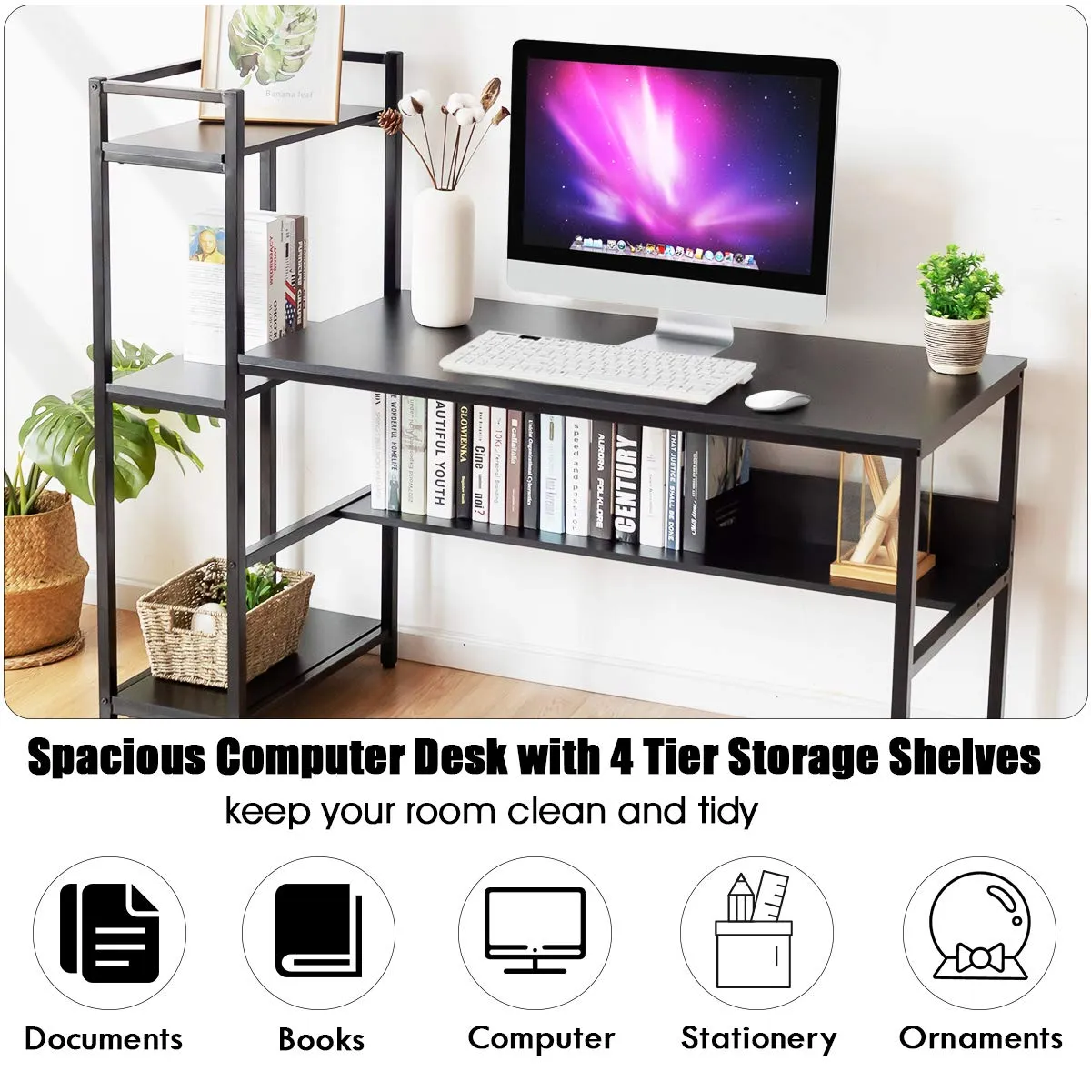 Computer Desk with 4 Shelves, Study Writing Desk with Storage Bookshelves Metal Frame & Adjustable Foot Pads