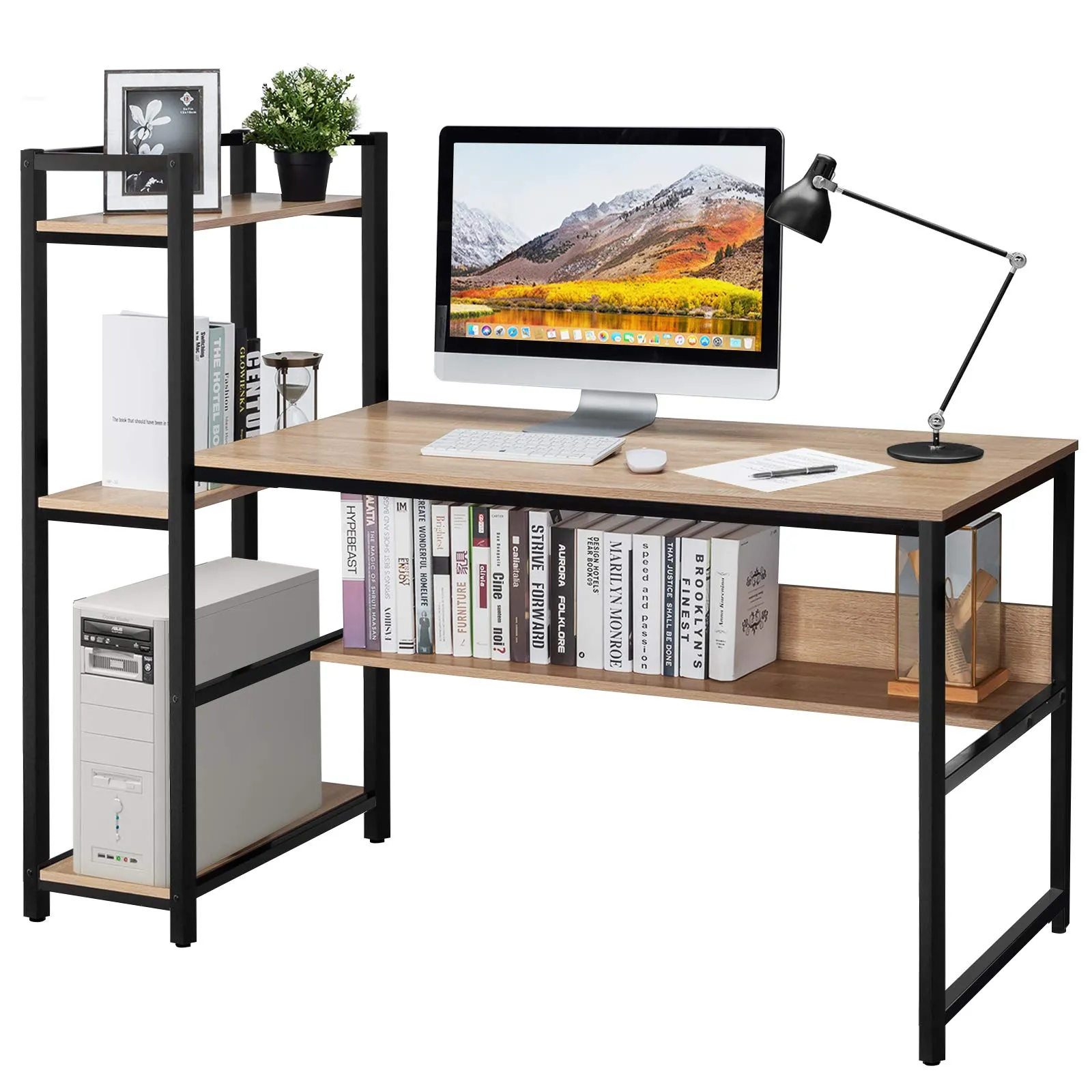 Computer Desk with 4 Shelves, Study Writing Desk with Storage Bookshelves Metal Frame & Adjustable Foot Pads