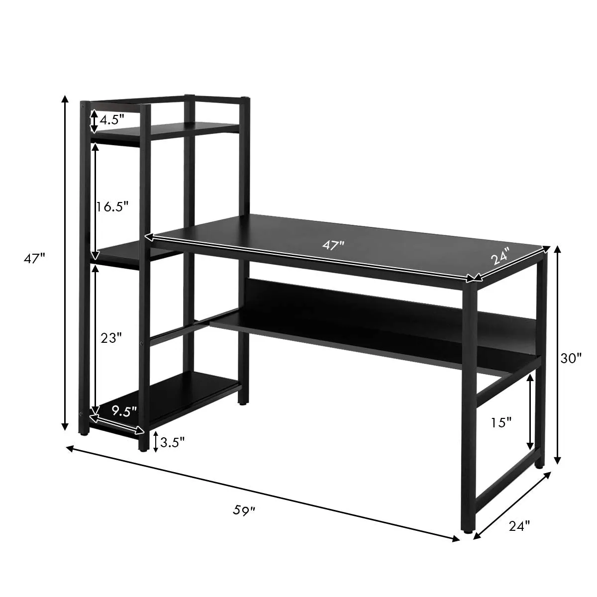 Computer Desk with 4 Shelves, Study Writing Desk with Storage Bookshelves Metal Frame & Adjustable Foot Pads