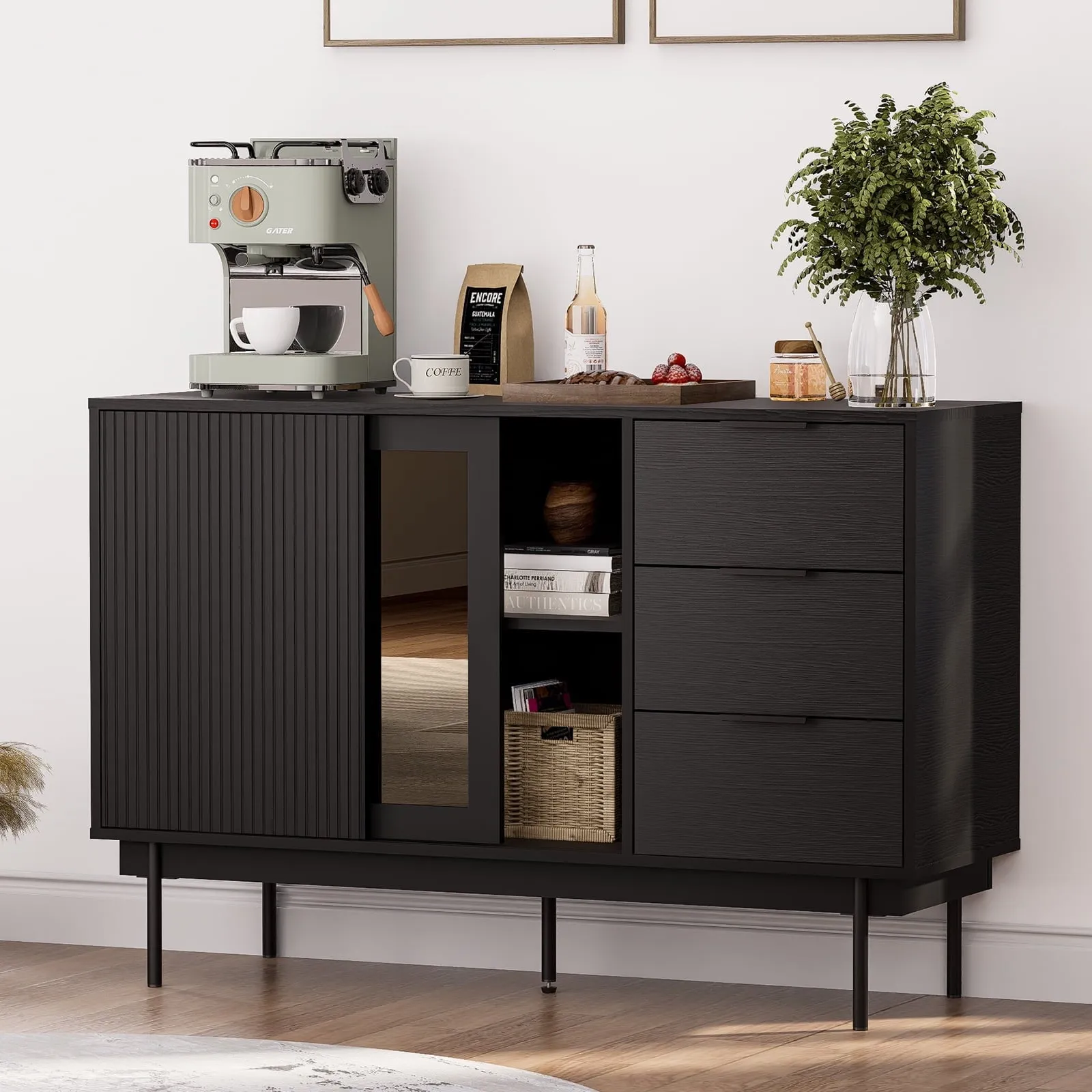 everyday Storage Cabinet, 47" x 31.5" Buffet Cabinet with Storage, Black Sideboard with 2 Sliding Doors & 3 Drawers, Wood Coffee Bar Entryway Storage for Living Room