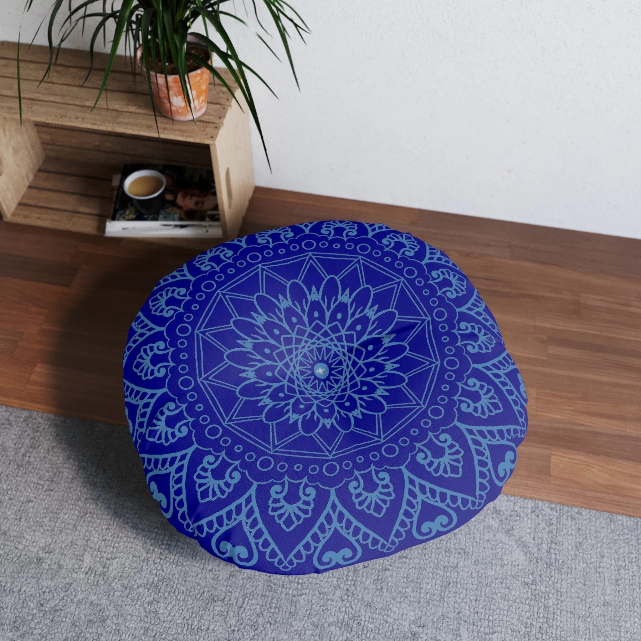 Handmade Mandala Art Floor Cushion - Steel Blue - Round