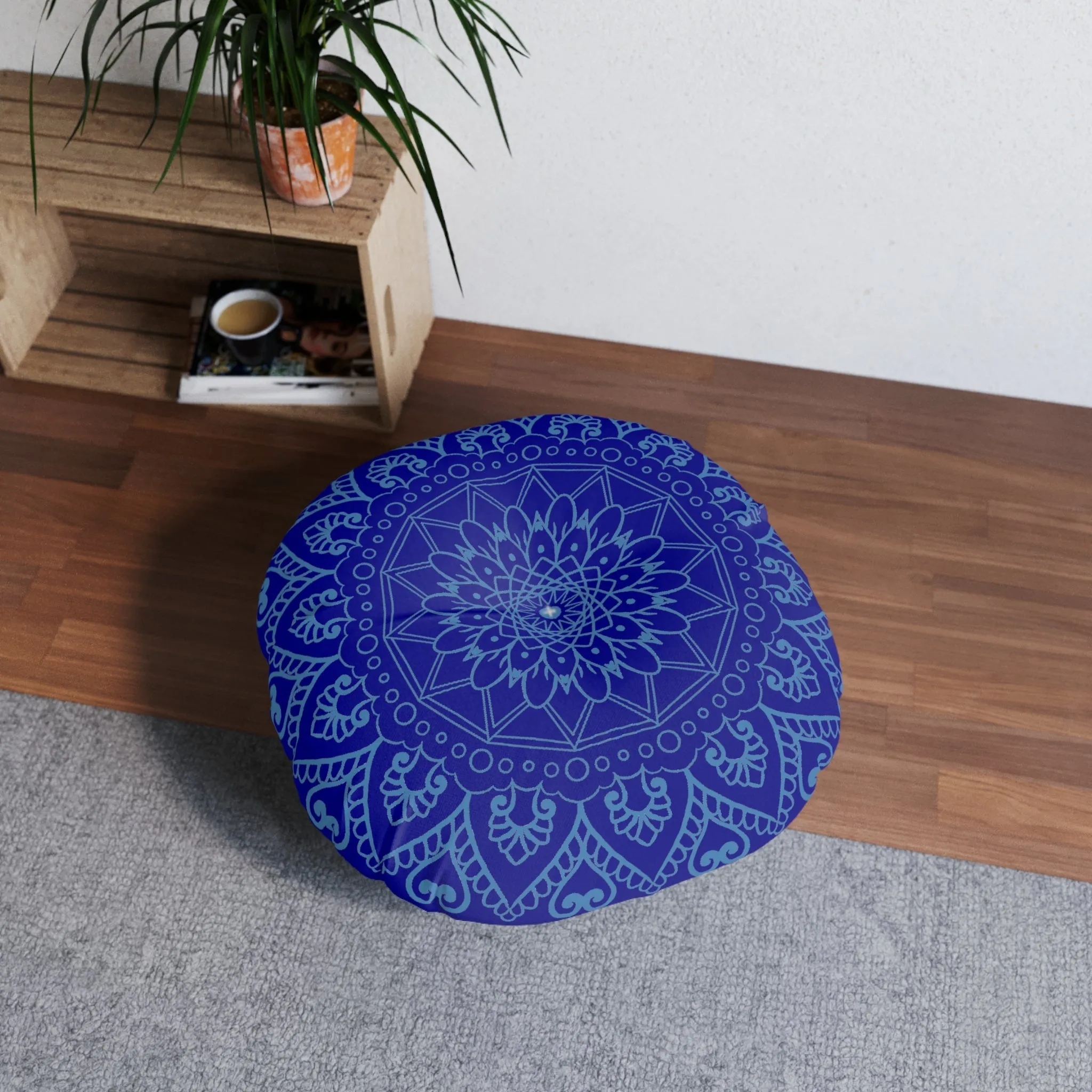 Handmade Mandala Art Floor Cushion - Steel Blue - Round