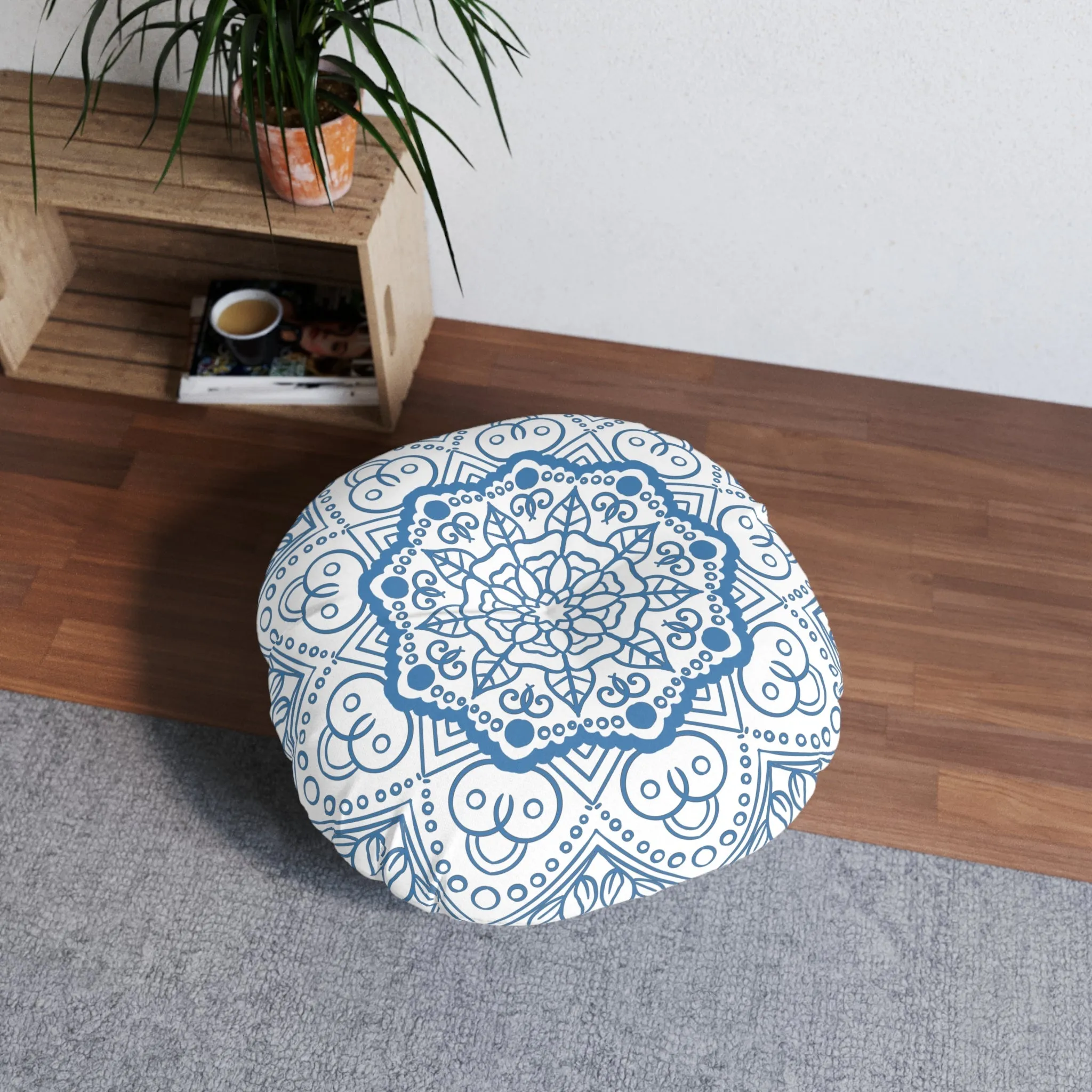 Handmade Mandala Art Floor Cushion - Steel Blue - Tufted Round Pillow