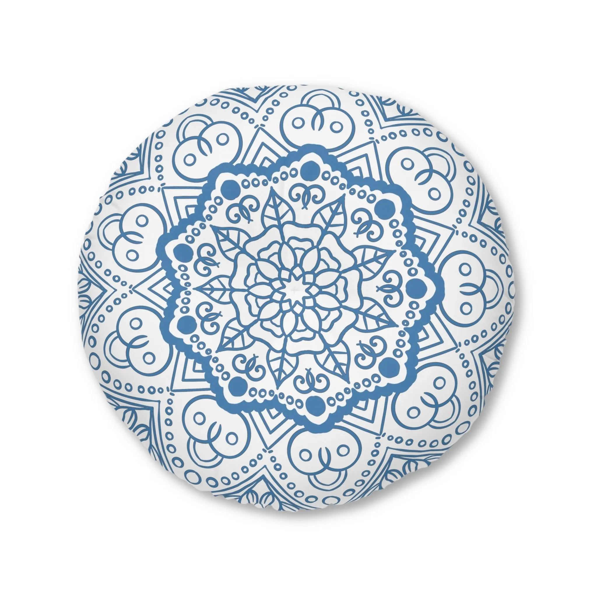 Handmade Mandala Art Floor Cushion - Steel Blue - Tufted Round Pillow