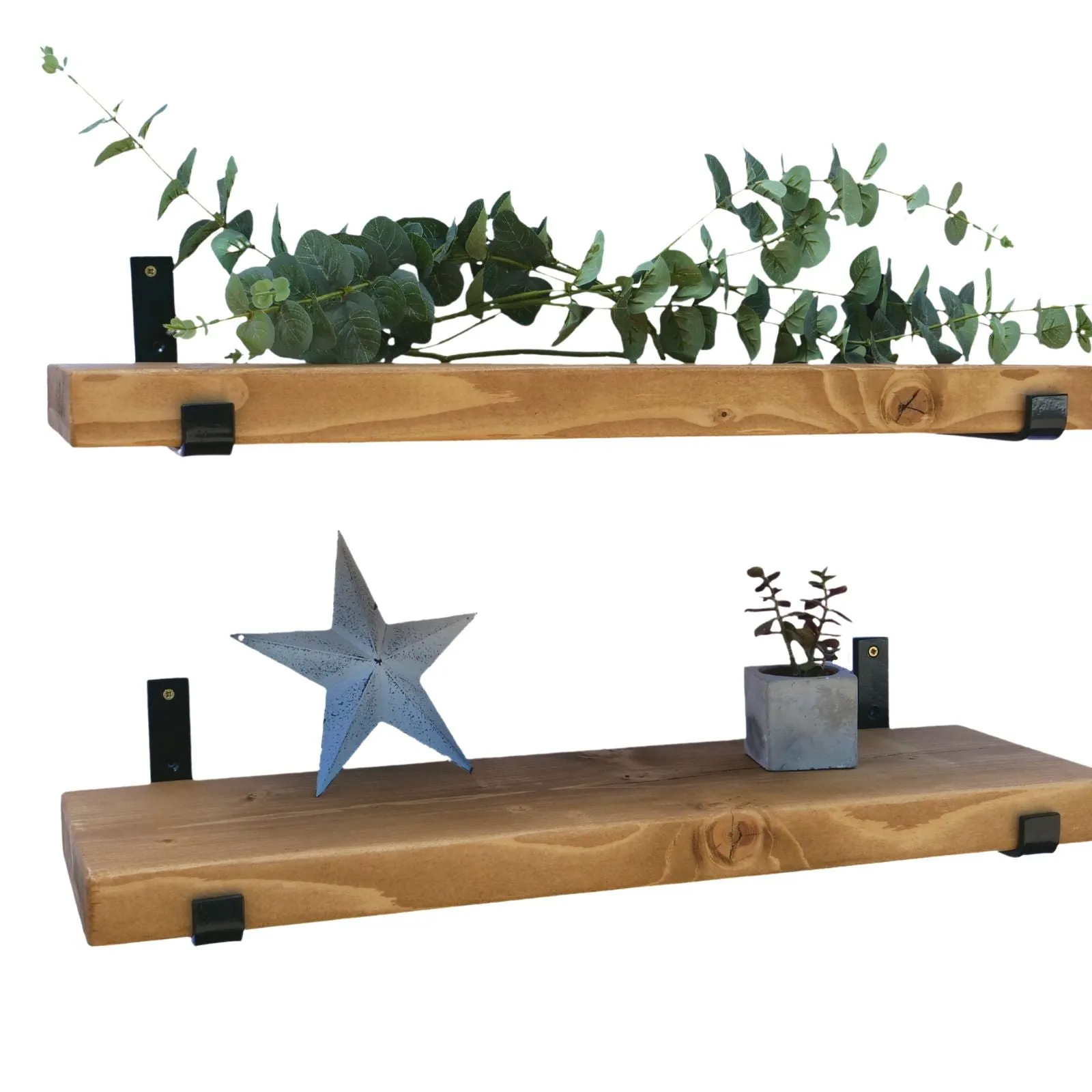 IN STOCK - Pair of Rustic Wooden Shelves stained rugger brown with Seated L Brackets handcrafted in the UK