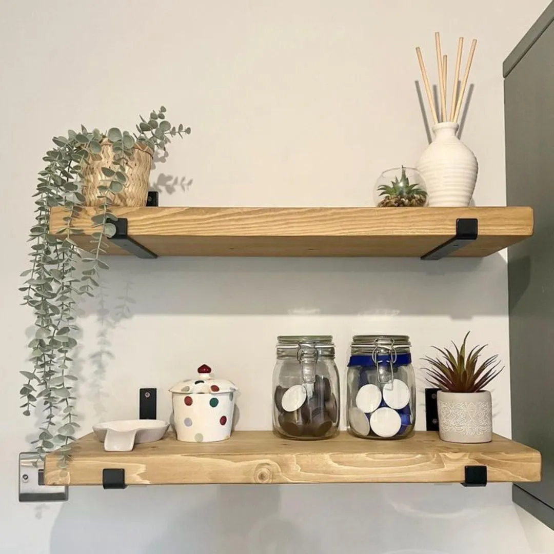 IN STOCK - Pair of Rustic Wooden Shelves stained rugger brown with Seated L Brackets handcrafted in the UK