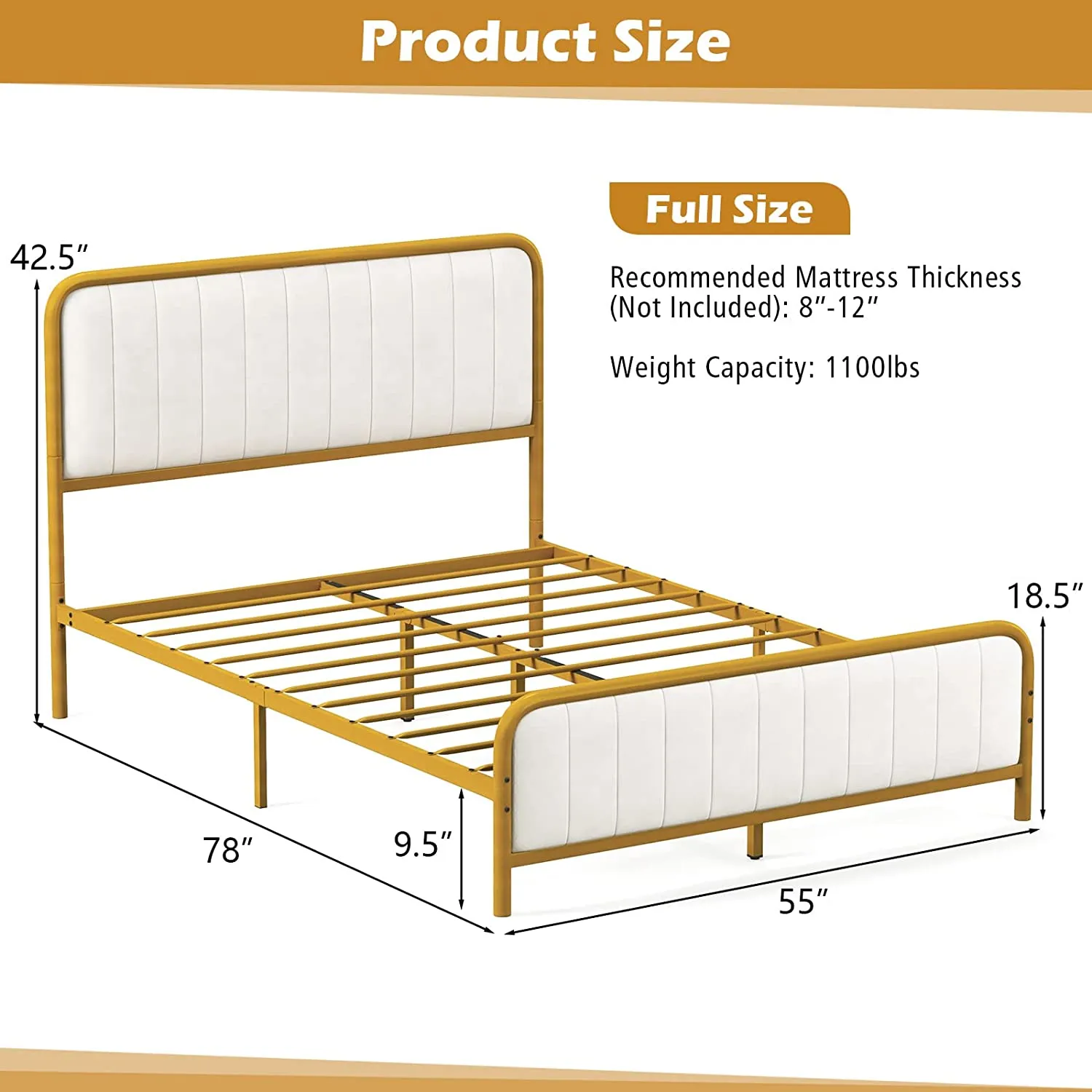 KOMFOTT Gold Metal Bed Frame, Heavy-Duty Metal Mattress Foundation with Velvet Headboard and Footboard