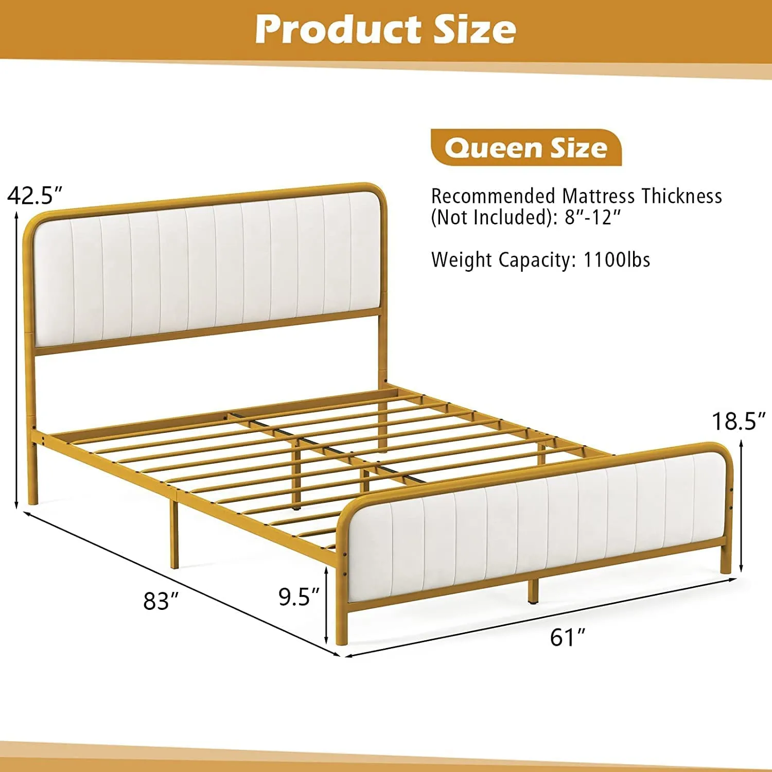 KOMFOTT Gold Metal Bed Frame, Heavy-Duty Metal Mattress Foundation with Velvet Headboard and Footboard