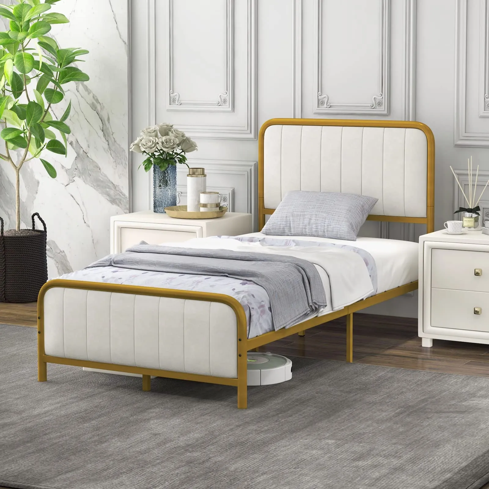 KOMFOTT Gold Metal Bed Frame, Heavy-Duty Metal Mattress Foundation with Velvet Headboard and Footboard