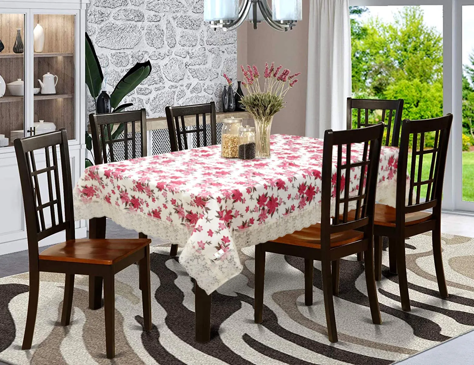 Kuber Industries Dining Table Cover 6 Seater|Table Cloth|Table Cover for Home, Restaurant|(Pink, White)