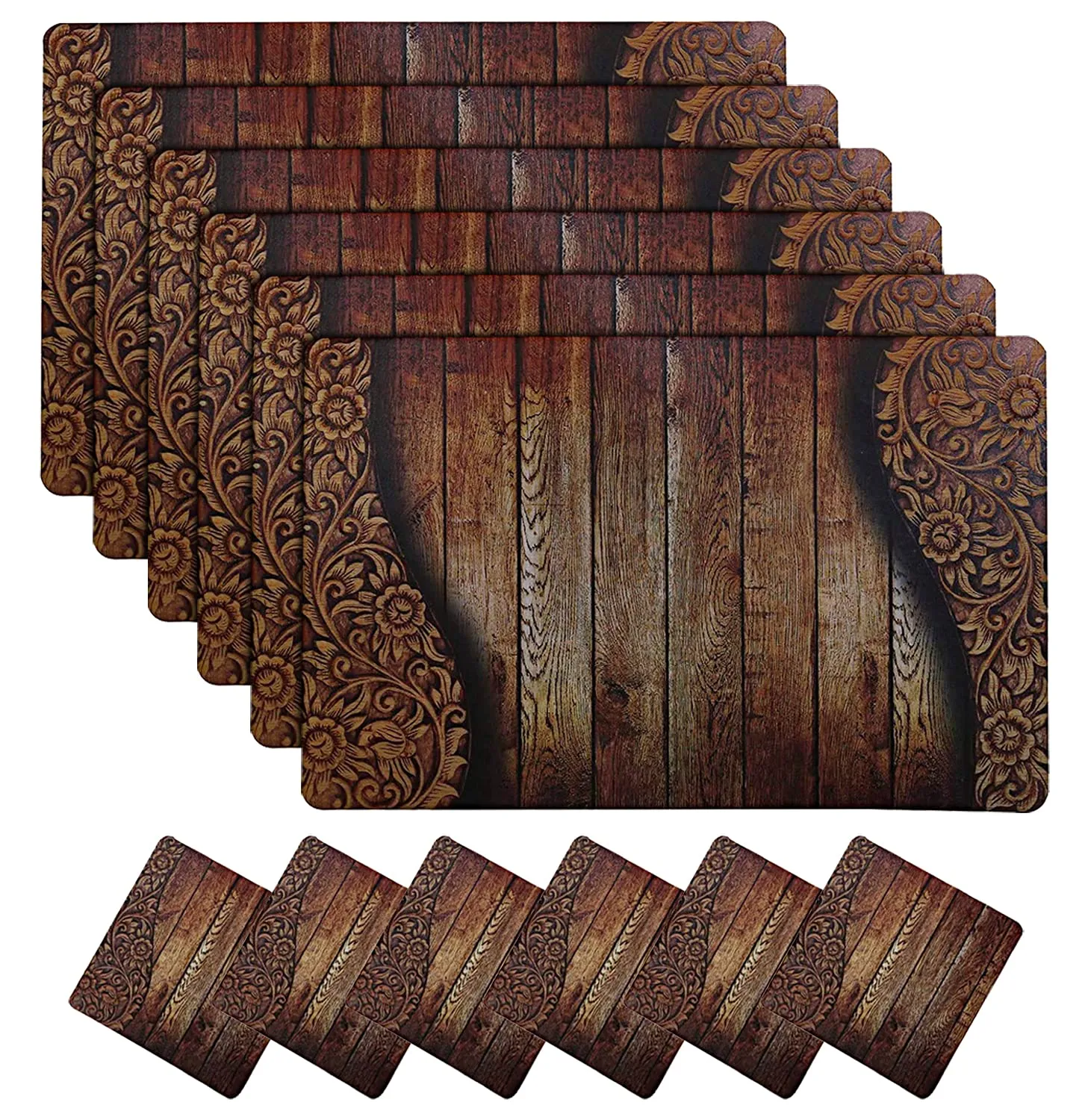 Kuber Industries Wooden Printed PVC Dining Table Placemats with Tea Coaster Set, Set of 12 (Brown), Standard, HS39KUBMART021916