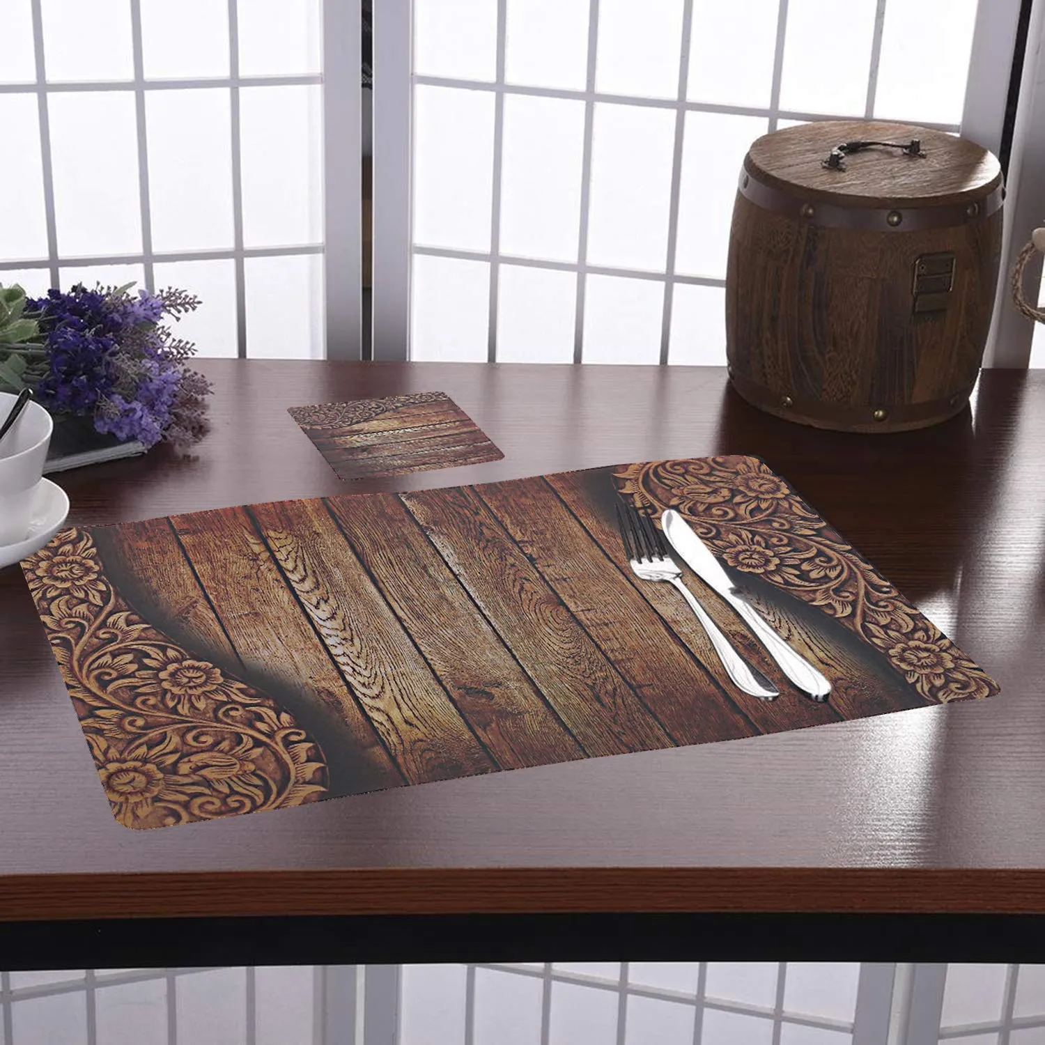 Kuber Industries Wooden Printed PVC Dining Table Placemats with Tea Coaster Set, Set of 12 (Brown), Standard, HS39KUBMART021916