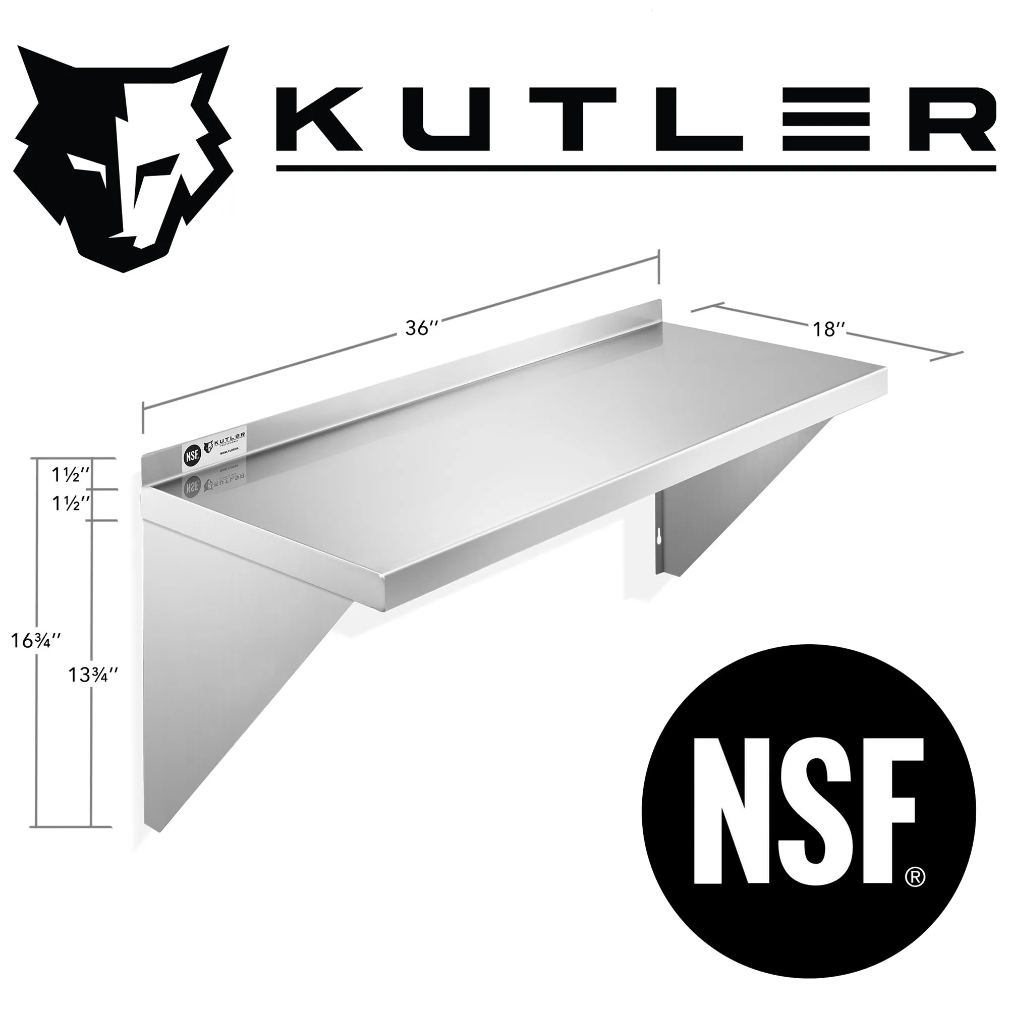 KUTLER Stainless Steel Shelf , NSF Commercial Kitchen Wall Shelving