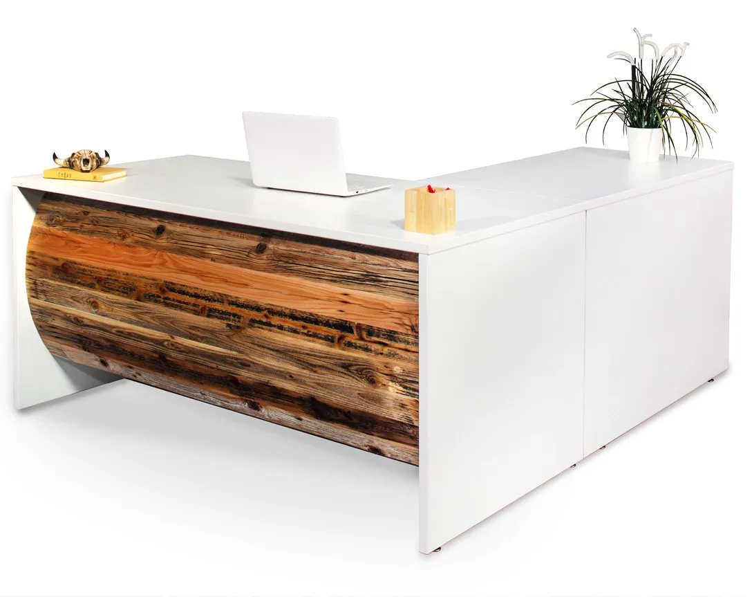 L Shape Barrel Front Desk - Reclaimed Wood