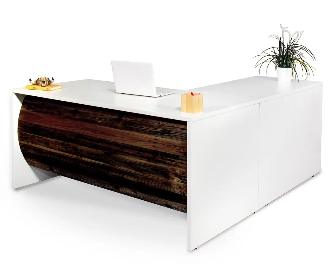 L Shape Barrel Front Desk - Reclaimed Wood