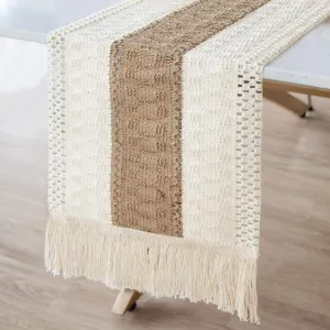 Macrame Table Runner Splicing Cotton and Burlap Farmhouse Style with Tassels Boho 12 x 72 Inch.