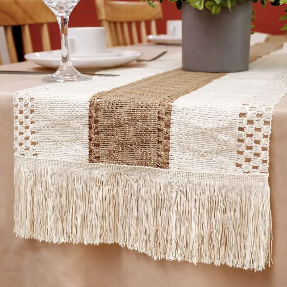 Macrame Table Runner Splicing Cotton and Burlap Farmhouse Style with Tassels Boho 12 x 72 Inch.