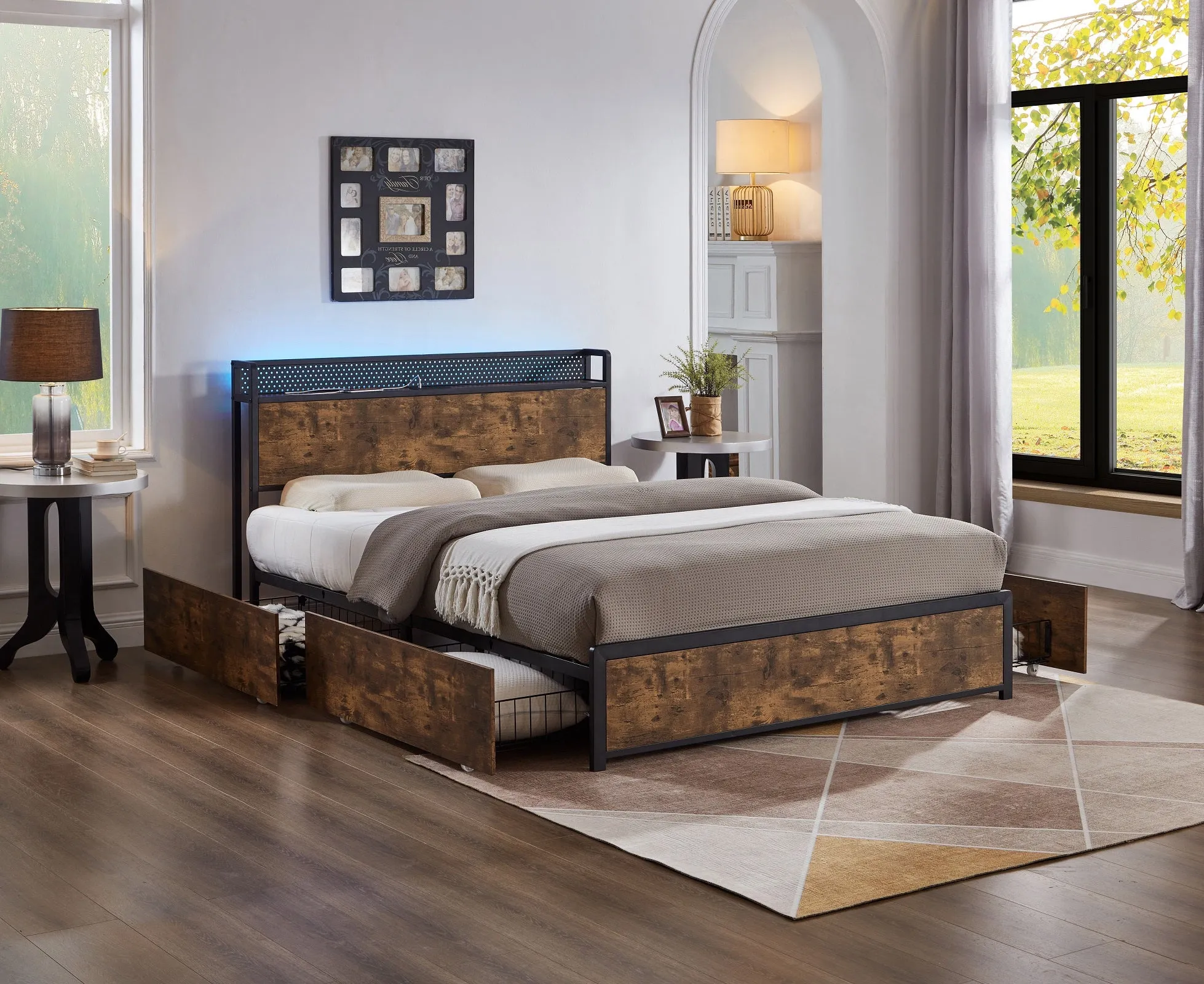 Modern Wood Grain and Metal Frame Storage Bed