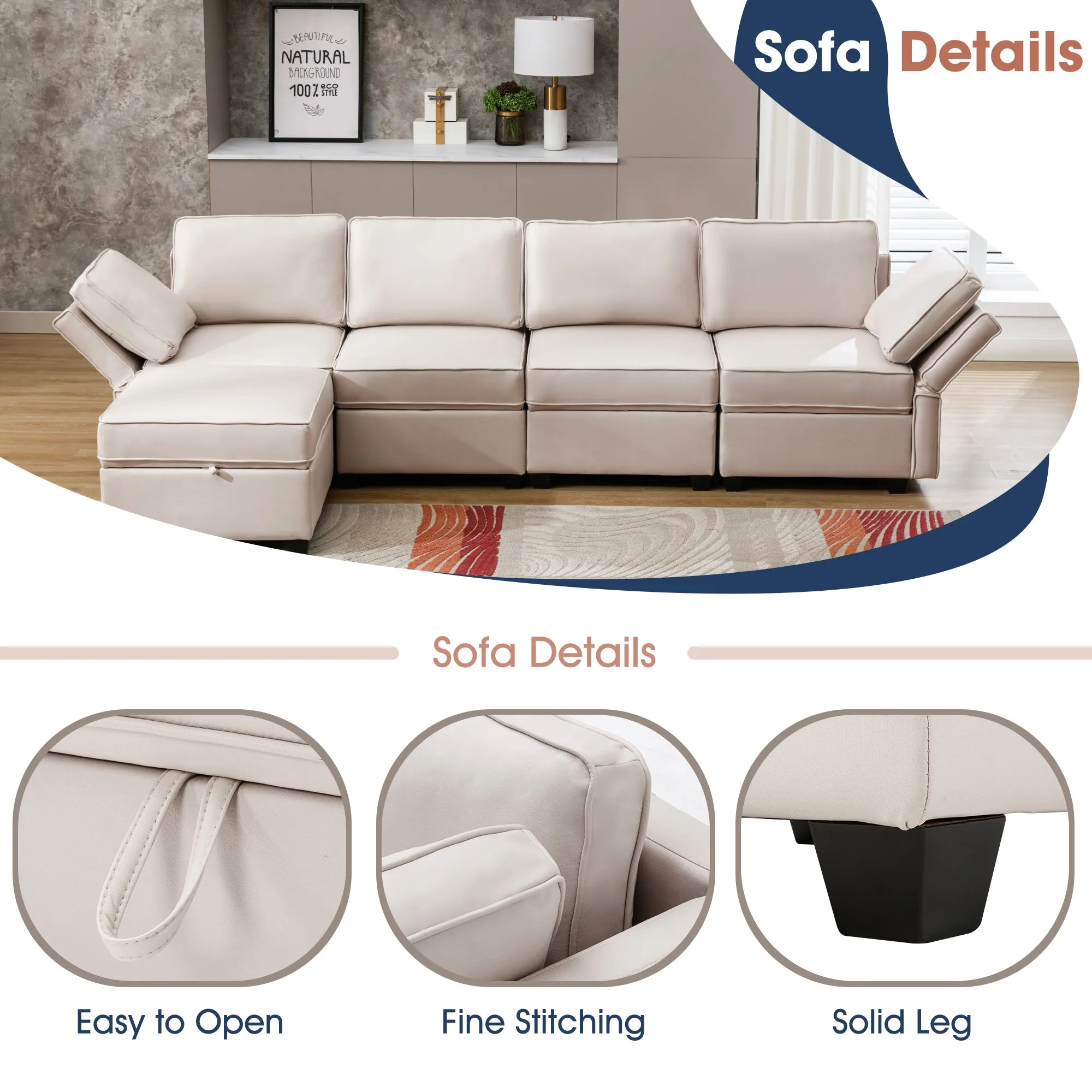 Modular Sectional Sofa Reversible Sofa Couch with Storage Seats for Living Room (Beige)