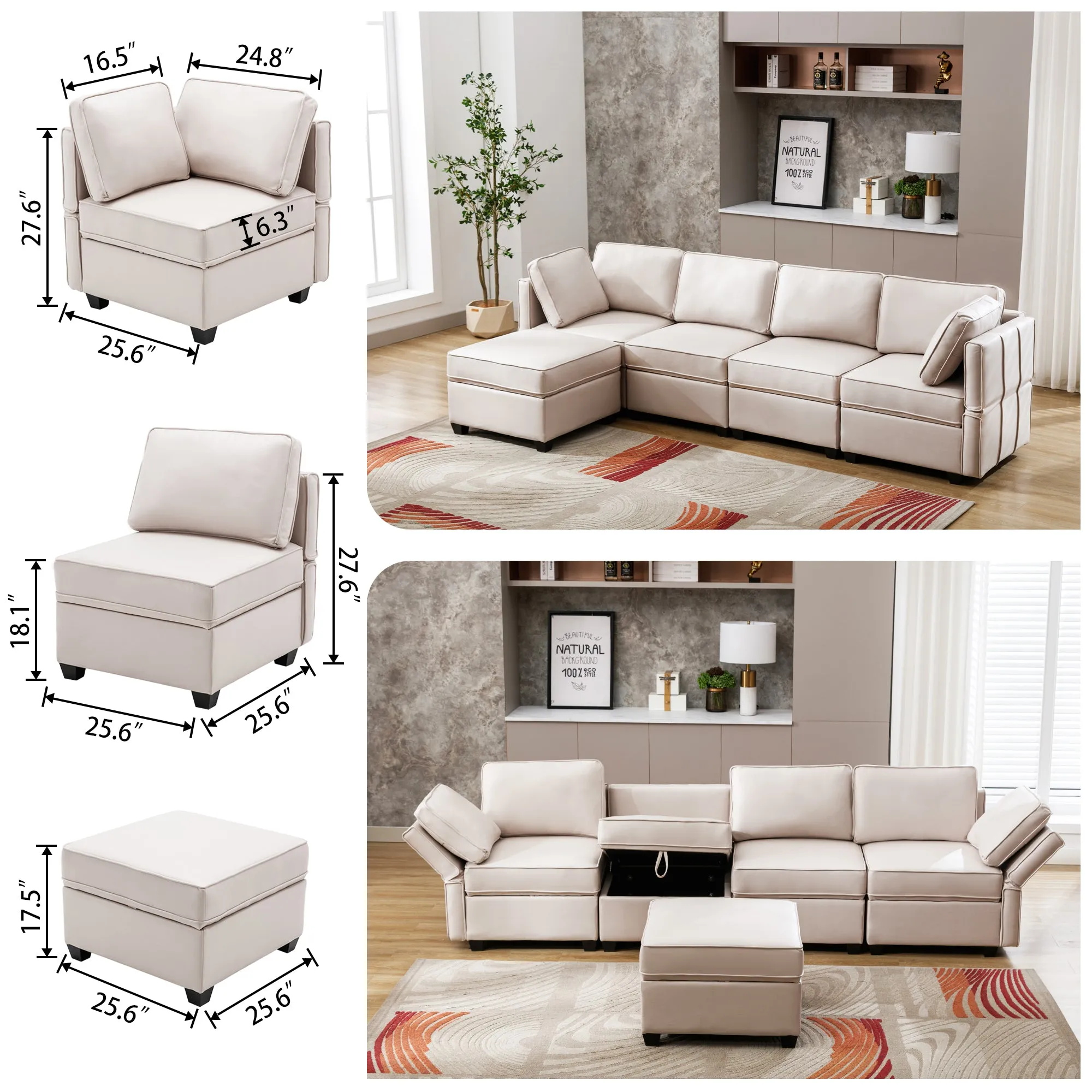 Modular Sectional Sofa Reversible Sofa Couch with Storage Seats for Living Room (Beige)