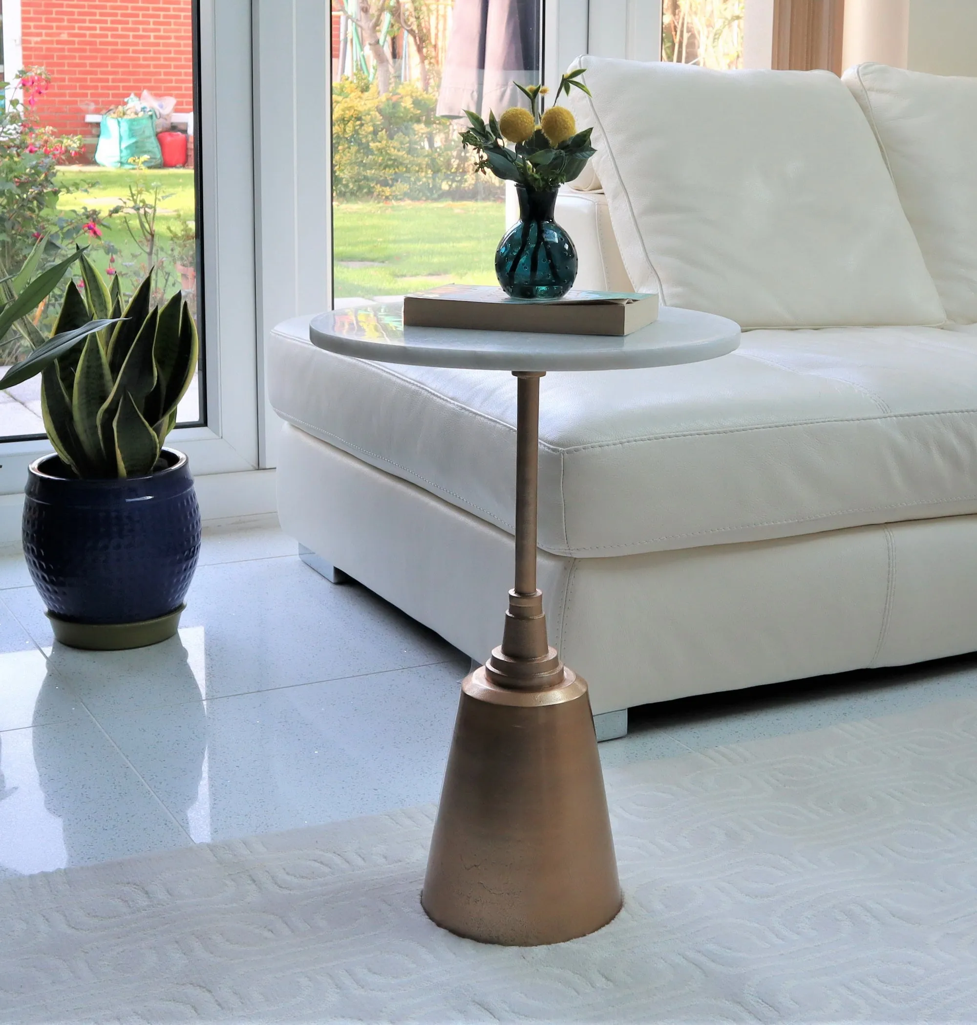 Naya White Marble, Gold Tapered Base, Accent Side Table