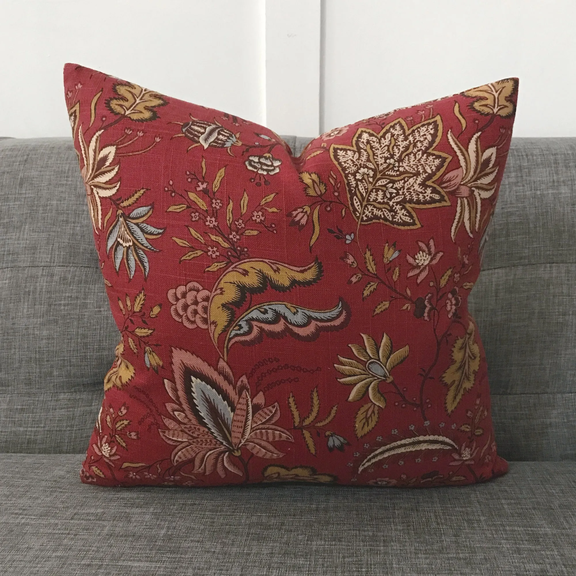 Red Botanical Linen Throw Pillow Cover 16x16