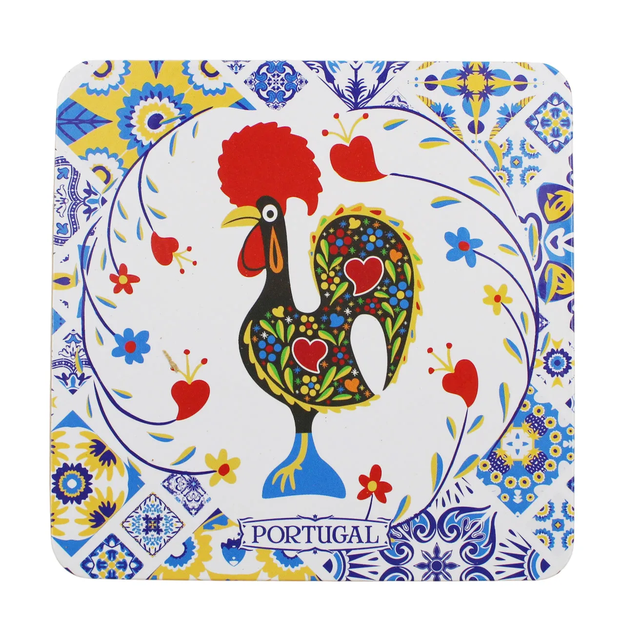 Set of 6 Portuguese Barcelos Rooster Coasters with Cork Backing, Azulejo Design