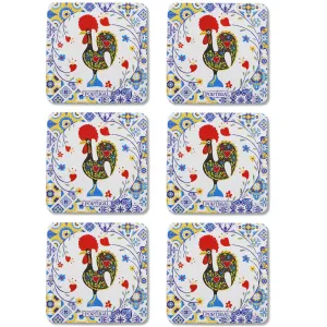 Set of 6 Portuguese Barcelos Rooster Coasters with Cork Backing, Azulejo Design