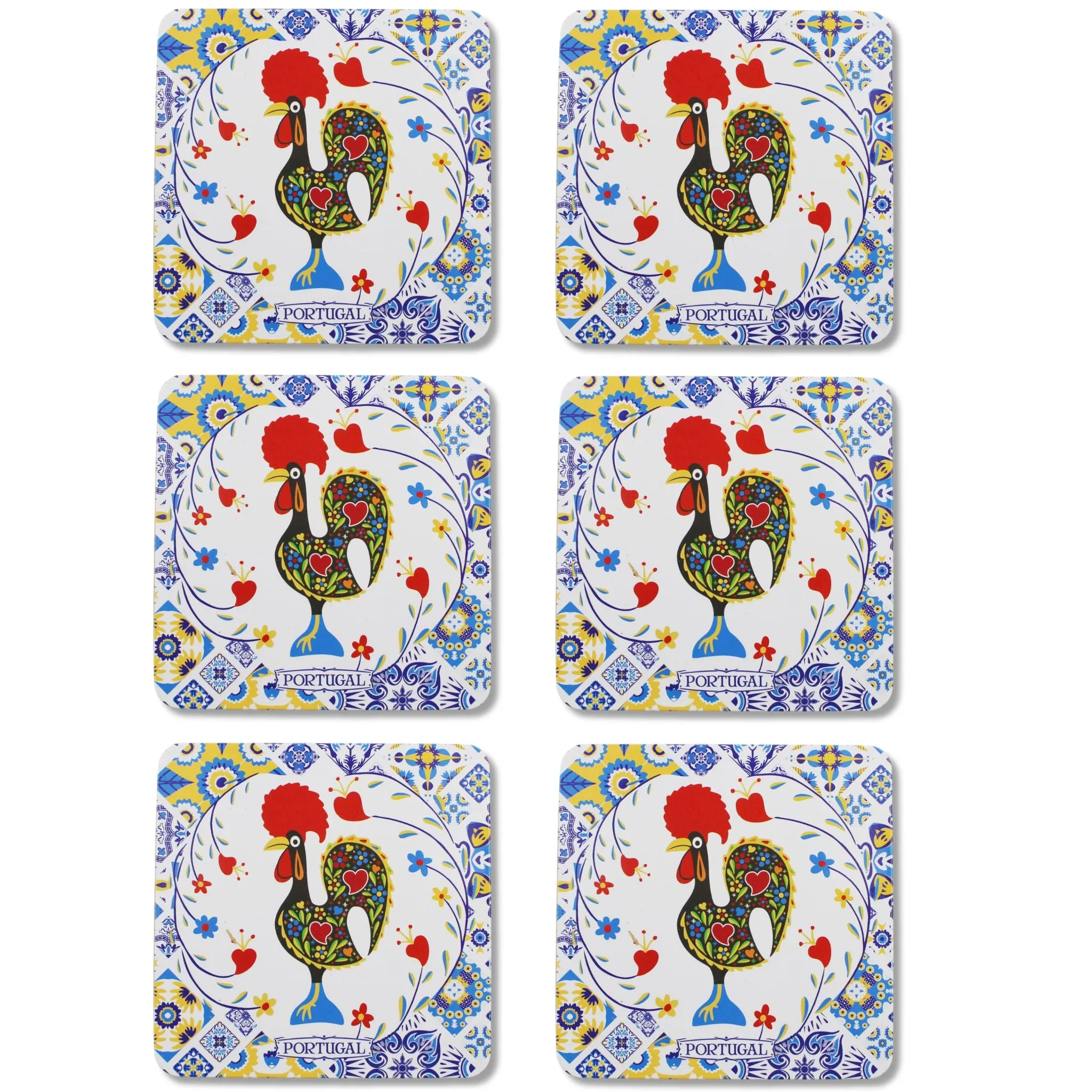 Set of 6 Portuguese Barcelos Rooster Coasters with Cork Backing, Azulejo Design