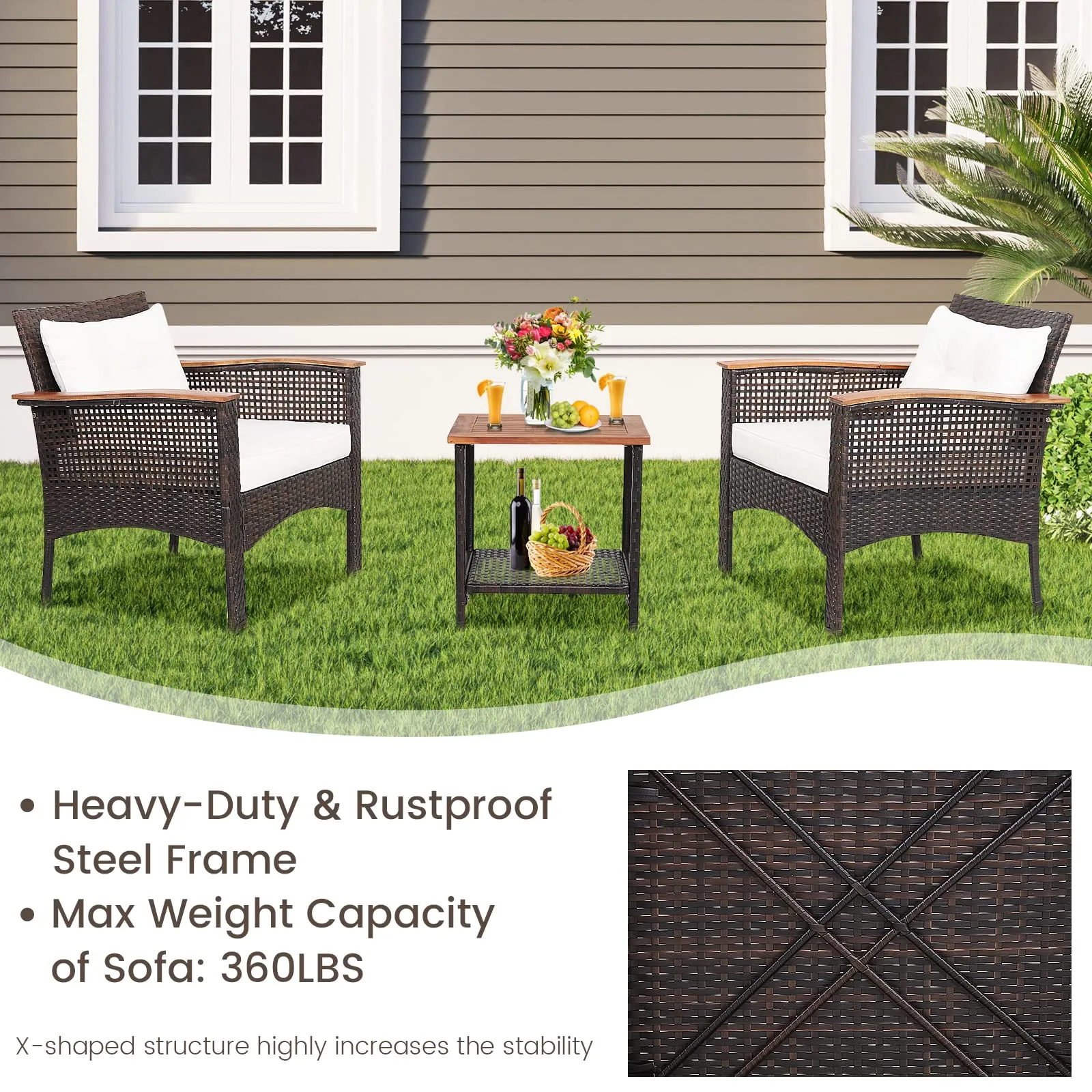 Tangkula 3 Pieces Patio Rattan Sofa Set