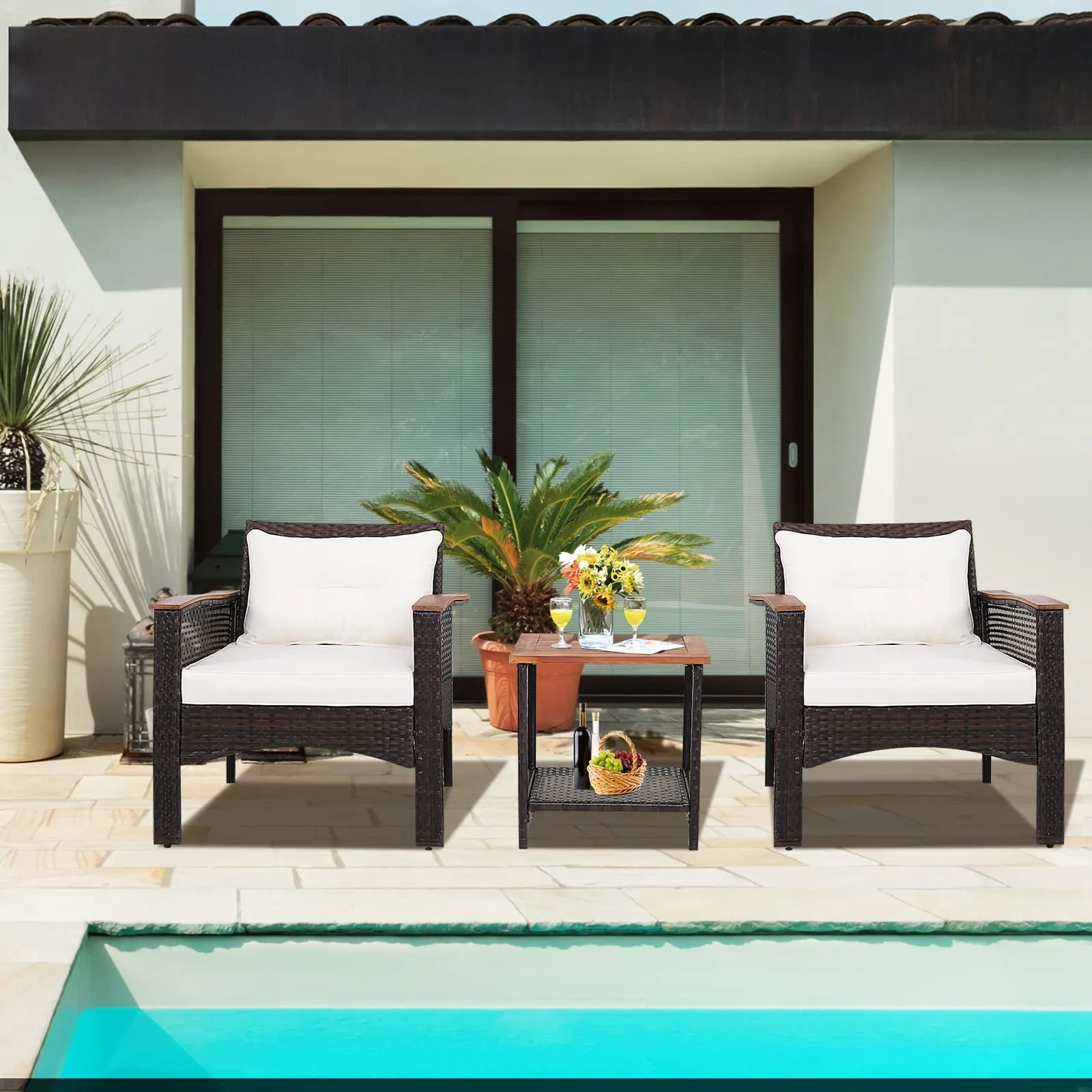 Tangkula 3 Pieces Patio Rattan Sofa Set