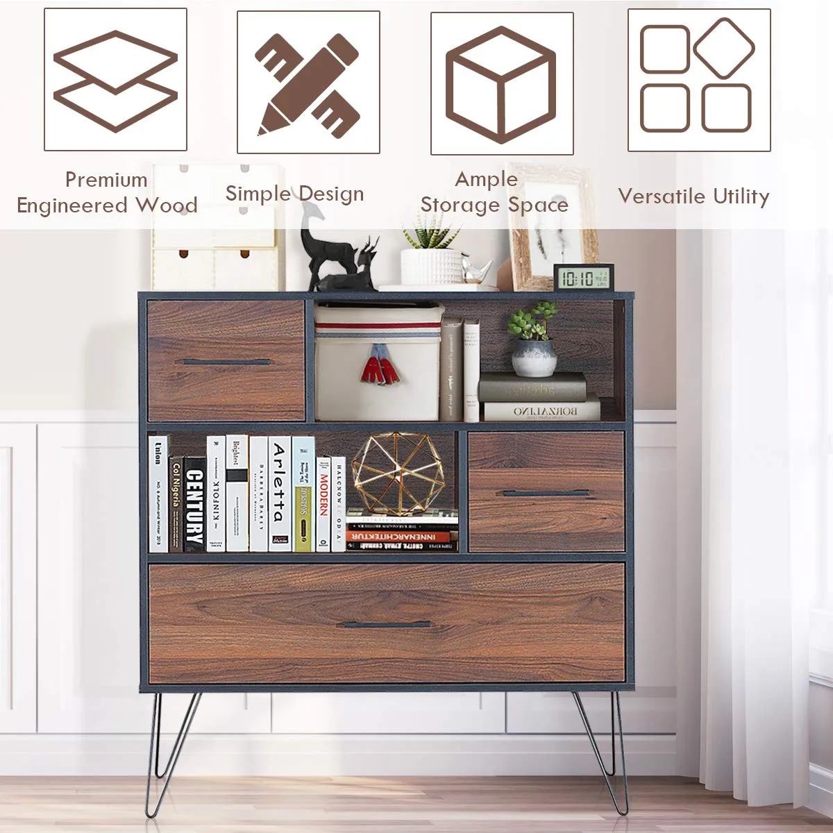 Tangkula 3-Tier Storage Cabinet, Wood File Cabinet with Drawers & 4 Metal Legs