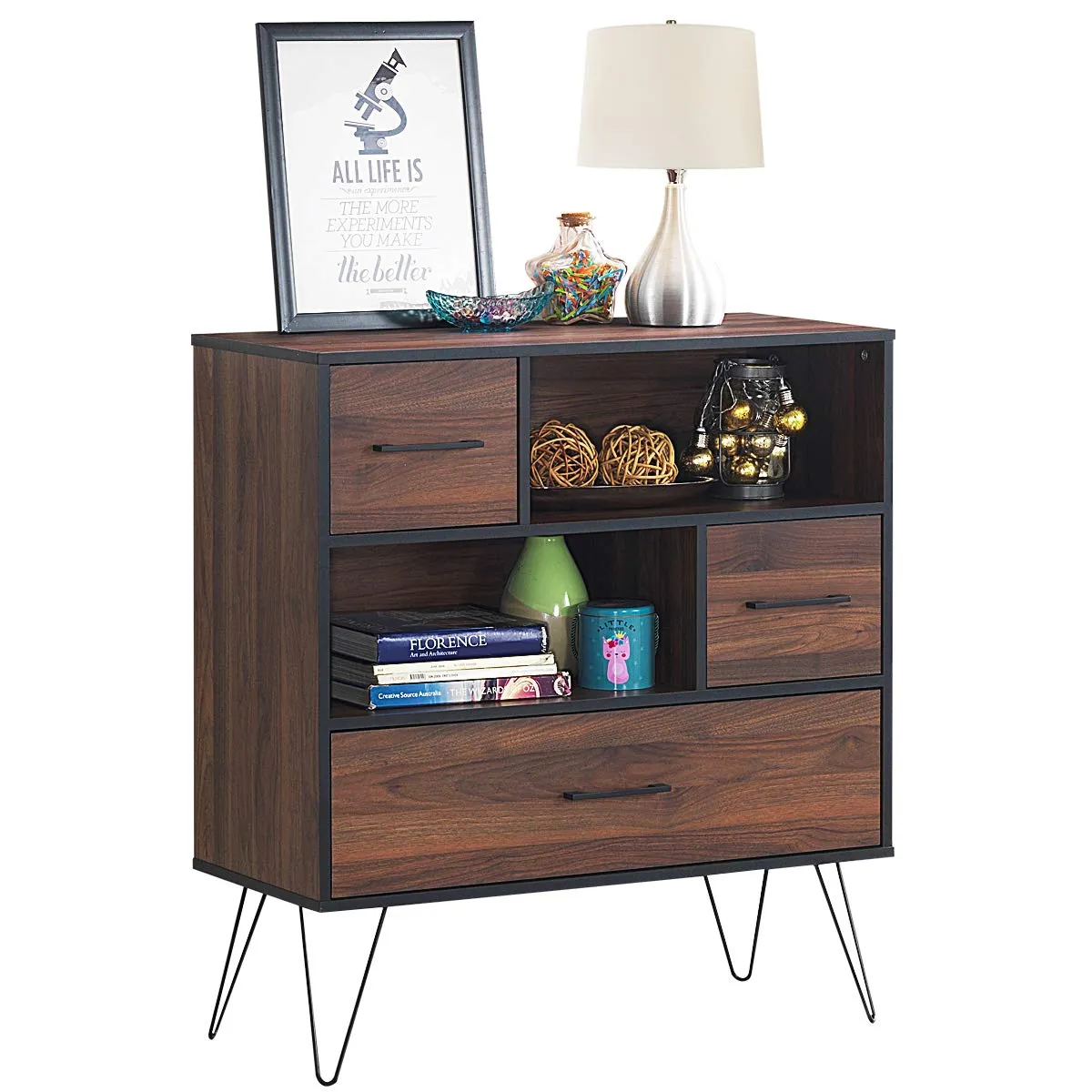 Tangkula 3-Tier Storage Cabinet, Wood File Cabinet with Drawers & 4 Metal Legs