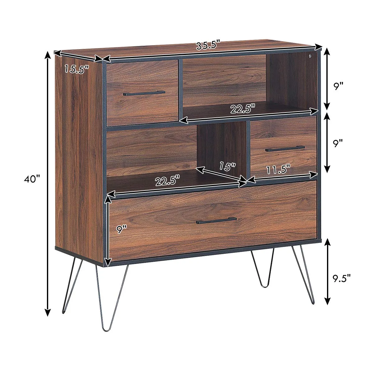 Tangkula 3-Tier Storage Cabinet, Wood File Cabinet with Drawers & 4 Metal Legs