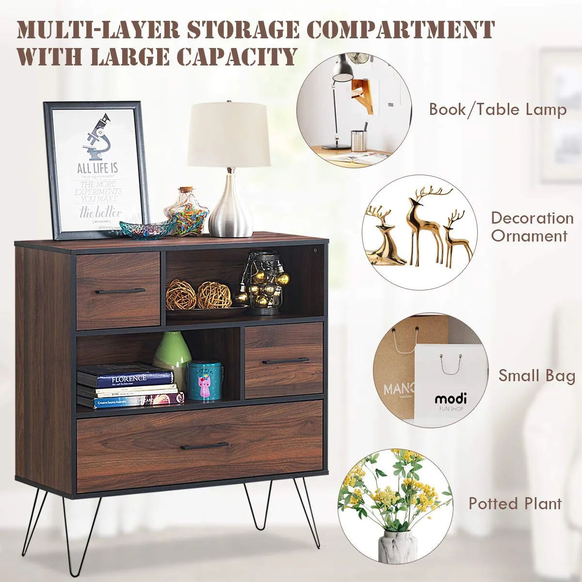 Tangkula 3-Tier Storage Cabinet, Wood File Cabinet with Drawers & 4 Metal Legs