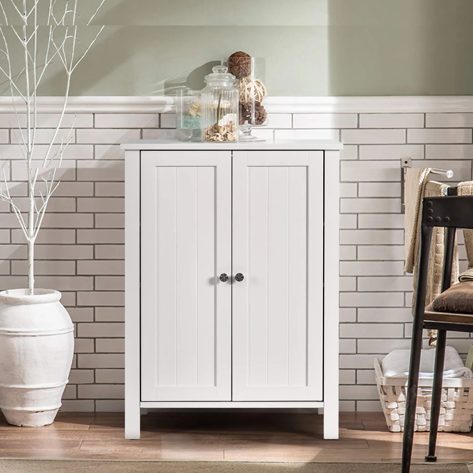 Tangkula Bathroom Floor Cabinet, Free Standing 3 Tier Storage Cabinet with Double Door & Adjustable Shelf, 23.5 x 12 x 31.5 Inches