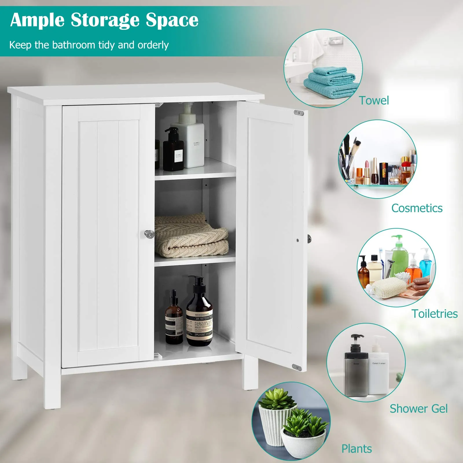 Tangkula Bathroom Floor Cabinet, Free Standing 3 Tier Storage Cabinet with Double Door & Adjustable Shelf, 23.5 x 12 x 31.5 Inches