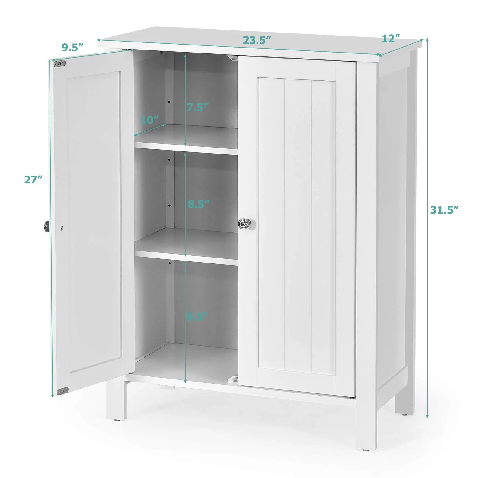 Tangkula Bathroom Floor Cabinet, Free Standing 3 Tier Storage Cabinet with Double Door & Adjustable Shelf, 23.5 x 12 x 31.5 Inches