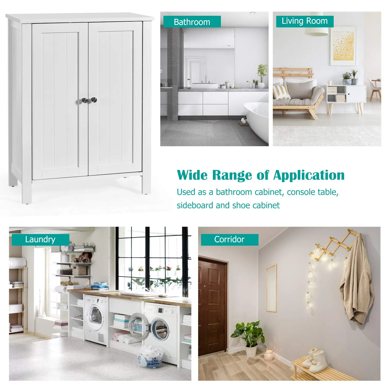 Tangkula Bathroom Floor Cabinet, Free Standing 3 Tier Storage Cabinet with Double Door & Adjustable Shelf, 23.5 x 12 x 31.5 Inches