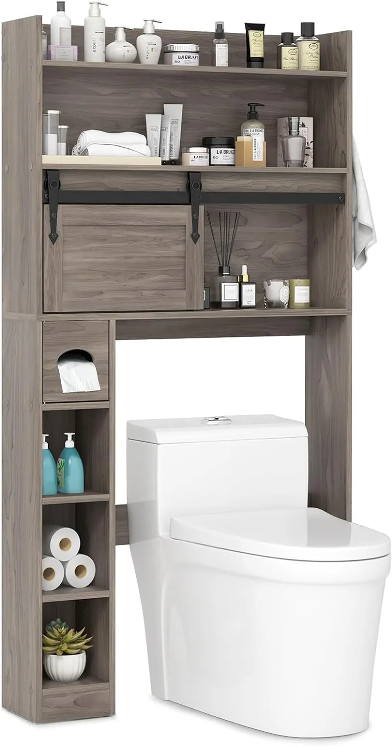 Tangkula Over The Toilet Storage Cabinet, Farmhouse Freestanding Above Toilet Rack w/Sliding Barn Door