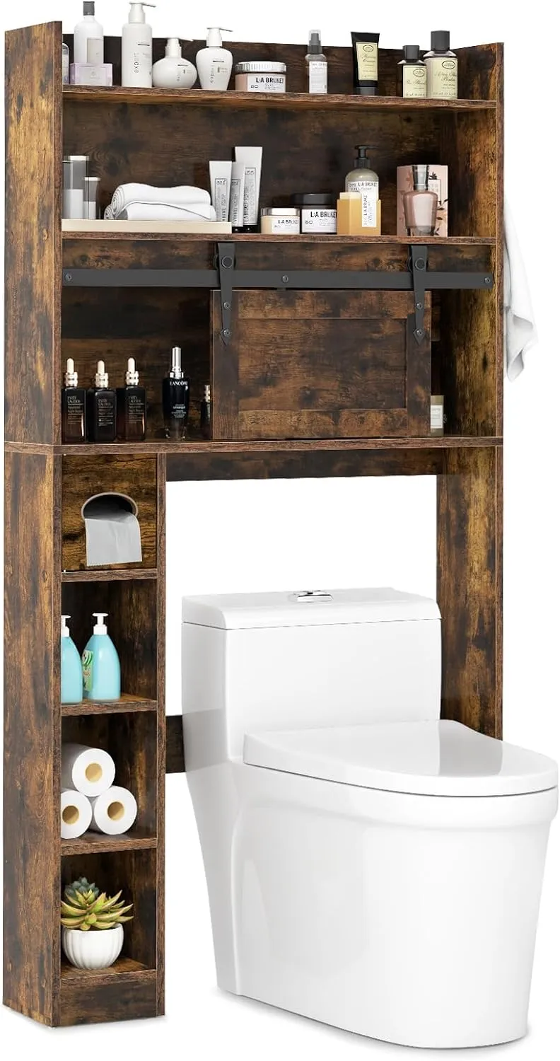 Tangkula Over The Toilet Storage Cabinet, Farmhouse Freestanding Above Toilet Rack w/Sliding Barn Door