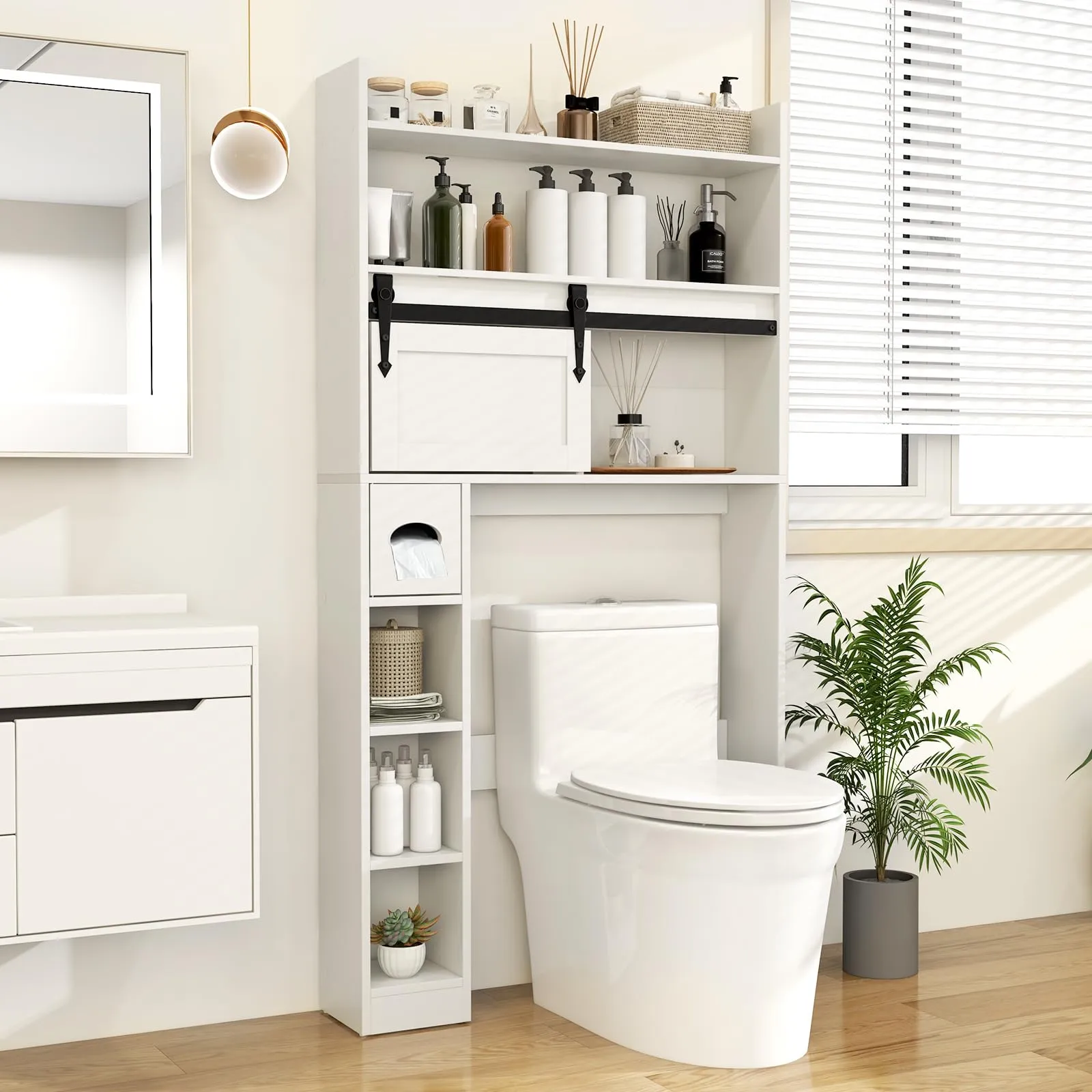 Tangkula Over The Toilet Storage Cabinet, Farmhouse Freestanding Above Toilet Rack w/Sliding Barn Door