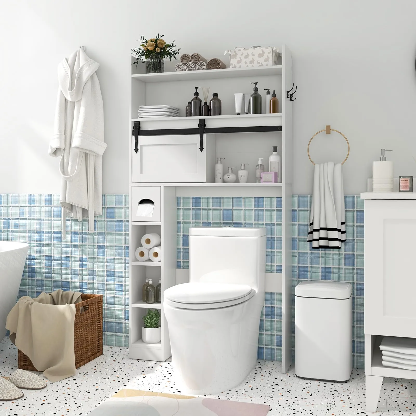 Tangkula Over The Toilet Storage Cabinet, Farmhouse Freestanding Above Toilet Rack w/Sliding Barn Door