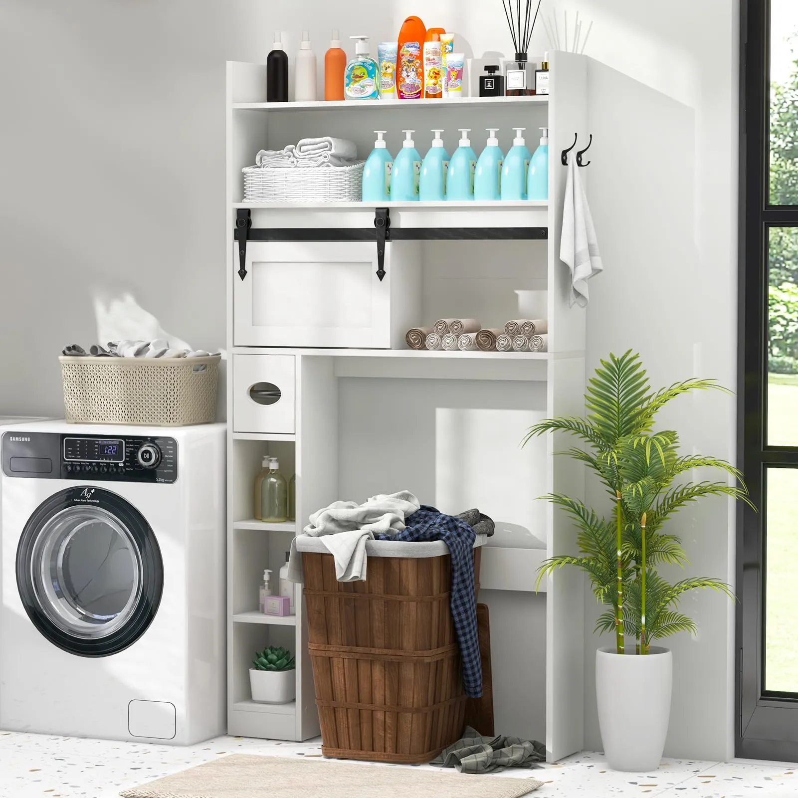 Tangkula Over The Toilet Storage Cabinet, Farmhouse Freestanding Above Toilet Rack w/Sliding Barn Door