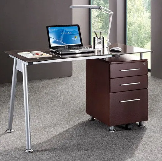 Techni Mobili Glass-top Desk with Built-in File Cabinet