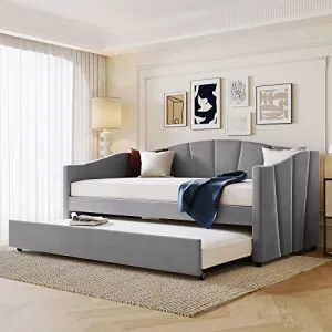 Twin Size Daybed with Trundle, Upholstered Day Bed Frame Modern Velvet Fabric Sofa Bed for Bedroom Living Room Guest Room, Gray