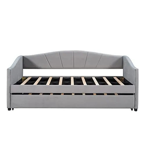 Twin Size Daybed with Trundle, Upholstered Day Bed Frame Modern Velvet Fabric Sofa Bed for Bedroom Living Room Guest Room, Gray