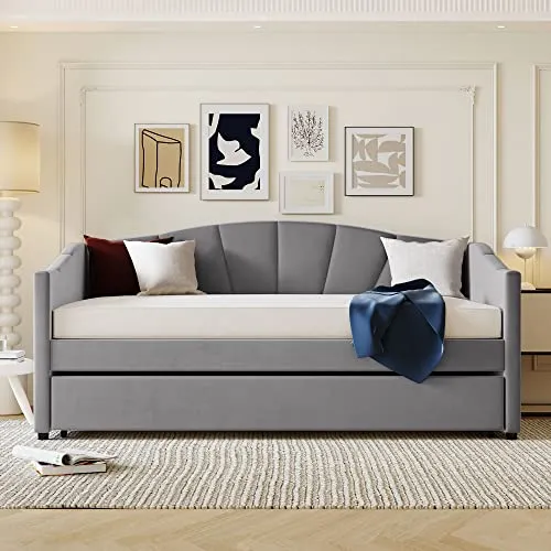 Twin Size Daybed with Trundle, Upholstered Day Bed Frame Modern Velvet Fabric Sofa Bed for Bedroom Living Room Guest Room, Gray