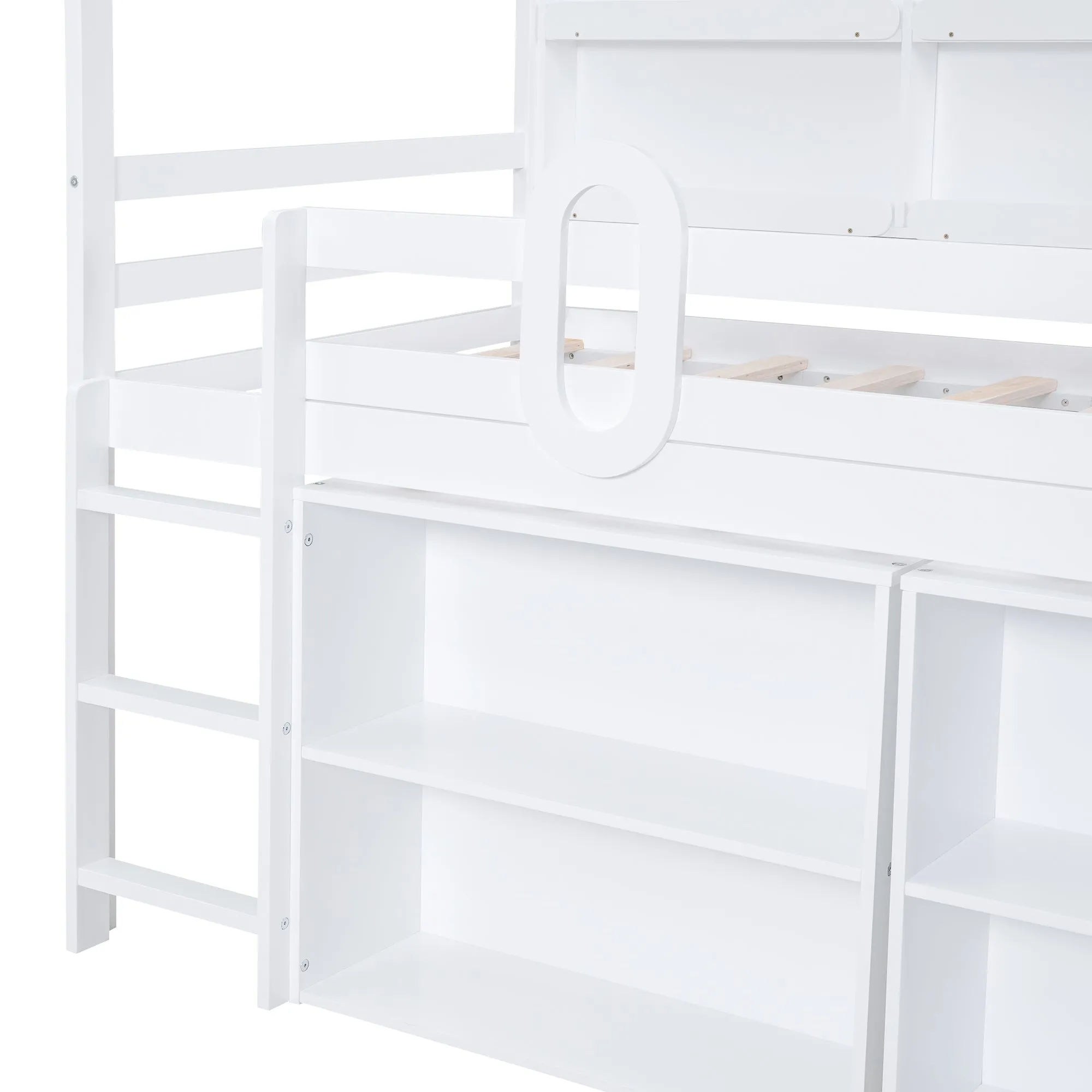 Twin Size House Loft Bed with Multiple Storage Shelves, White