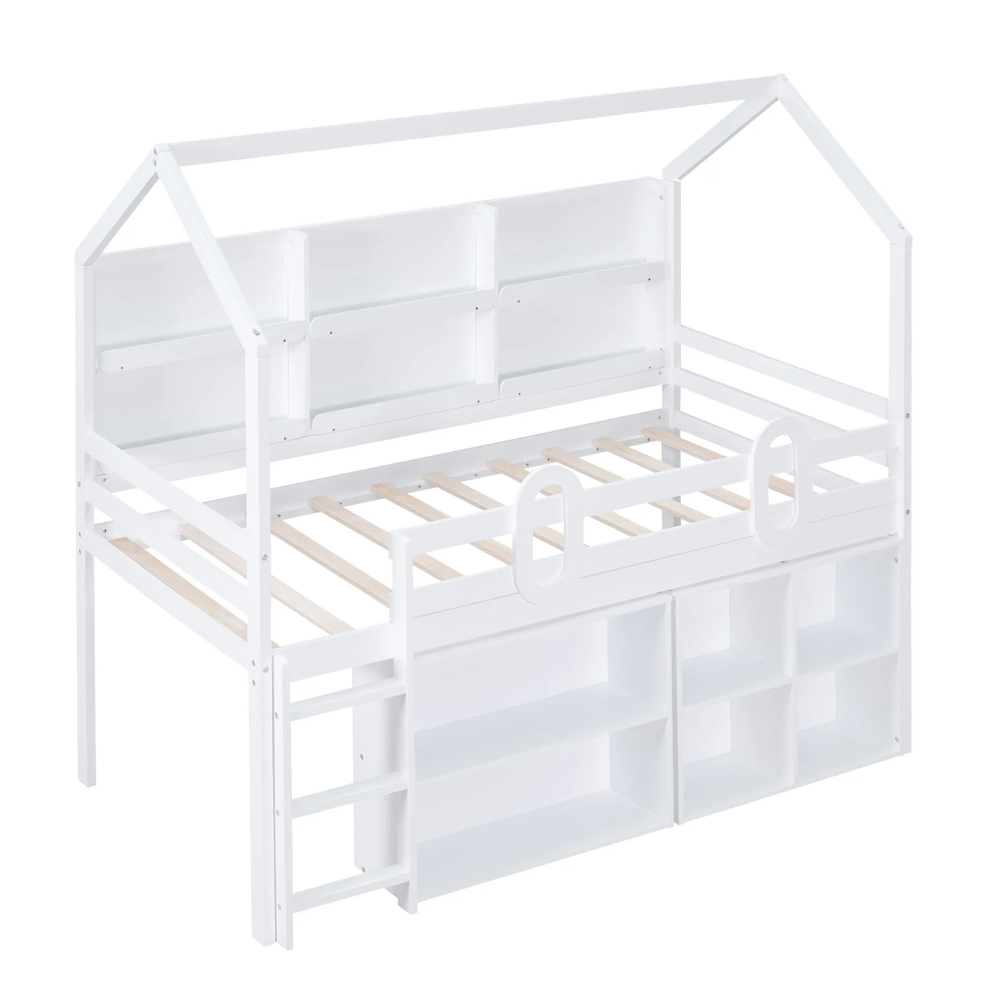 Twin Size House Loft Bed with Multiple Storage Shelves, White